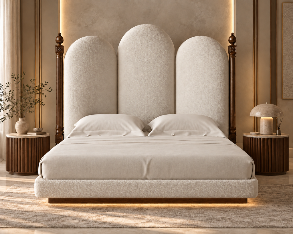Aurelia Arch Bouclé Bed with solid wood structure and dark wood detailing – luxury bed in Lahore