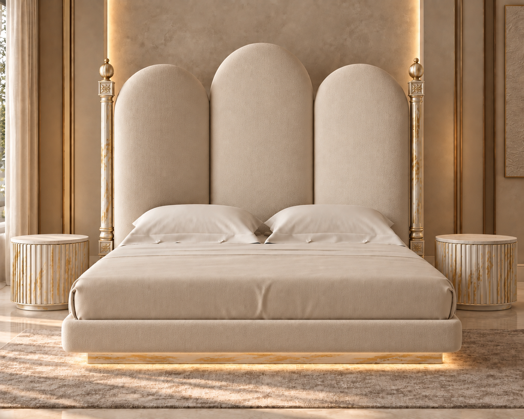 Aurelia Arch Bouclé Bed with solid wood structure, white and gold detailing – premium bedroom furniture Lahore