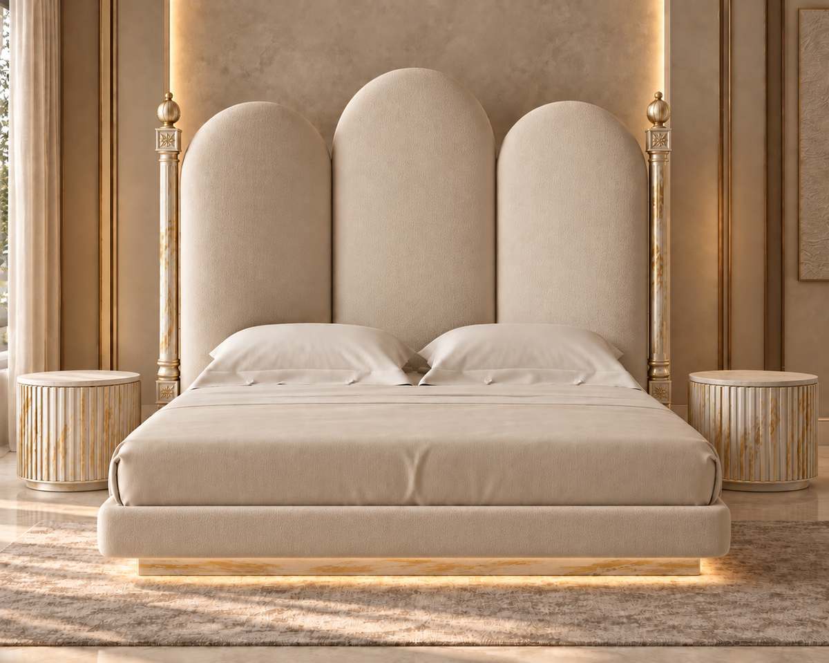 Aurelia Arch Bouclé Bed with solid wood structure, white and gold detailing – premium bedroom furniture Lahore