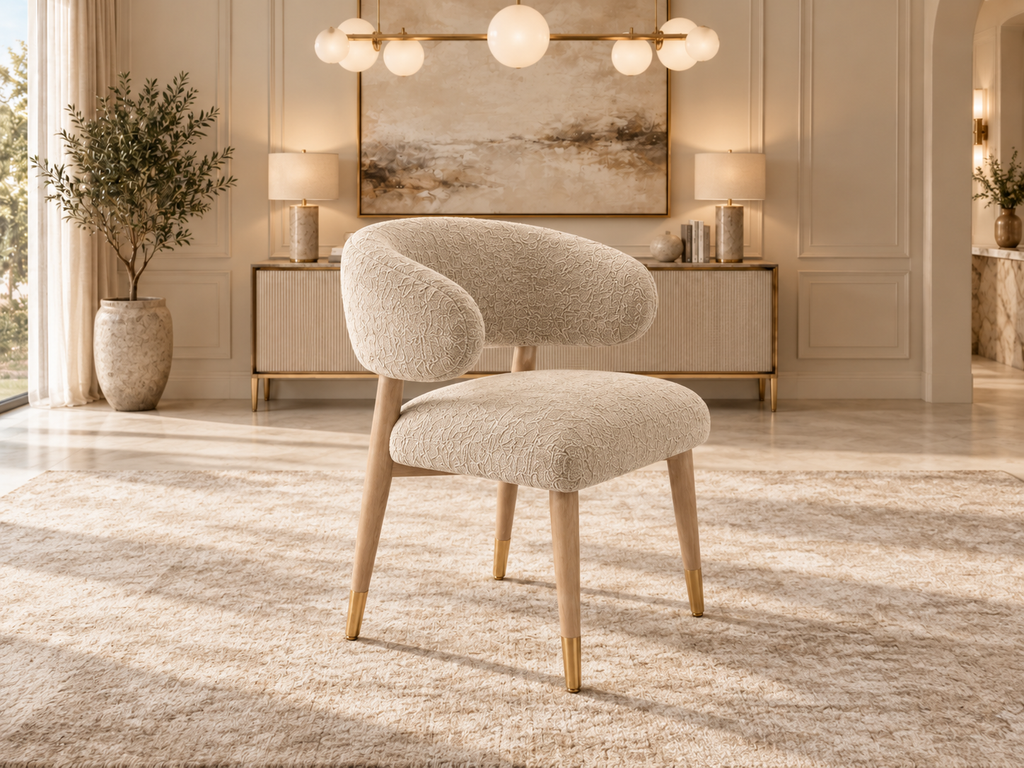 Aurelia ivory boucle dining chair with solid wood structure and gold-capped legs