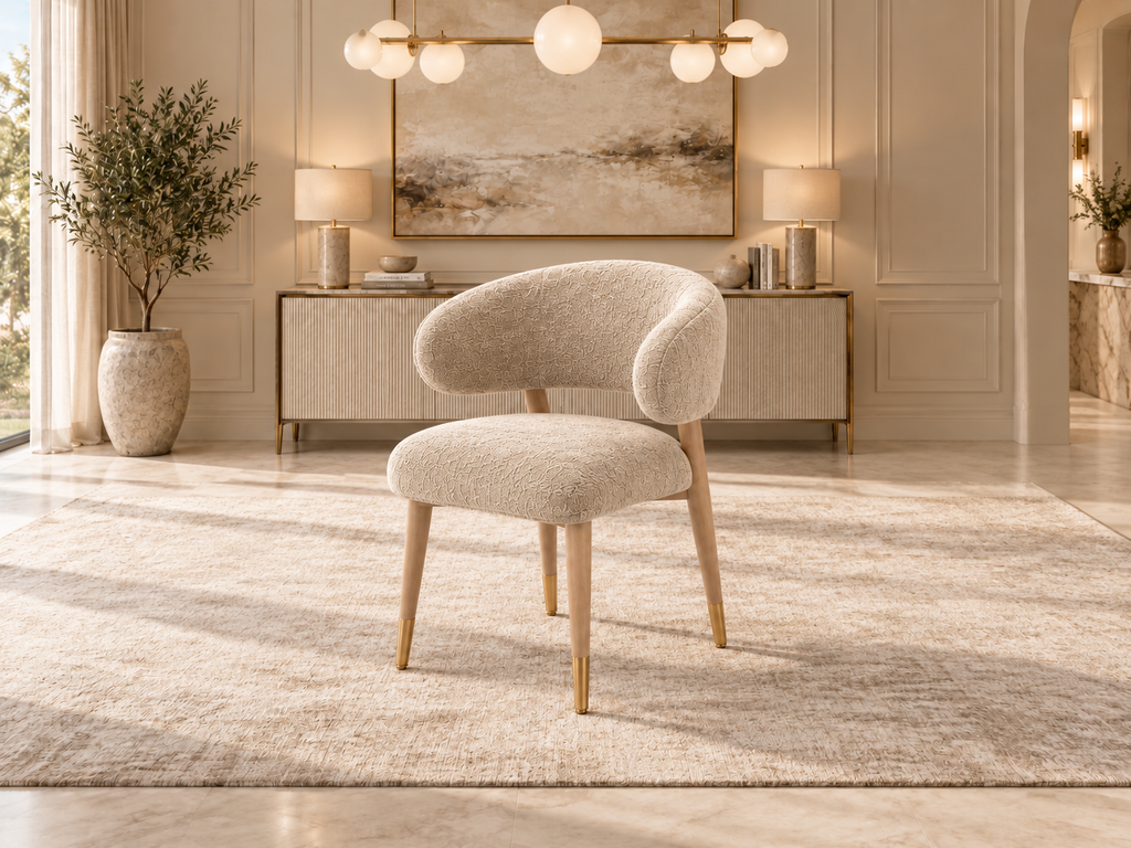 Aurelia ivory boucle dining chair with solid wood structure, three-quarter view