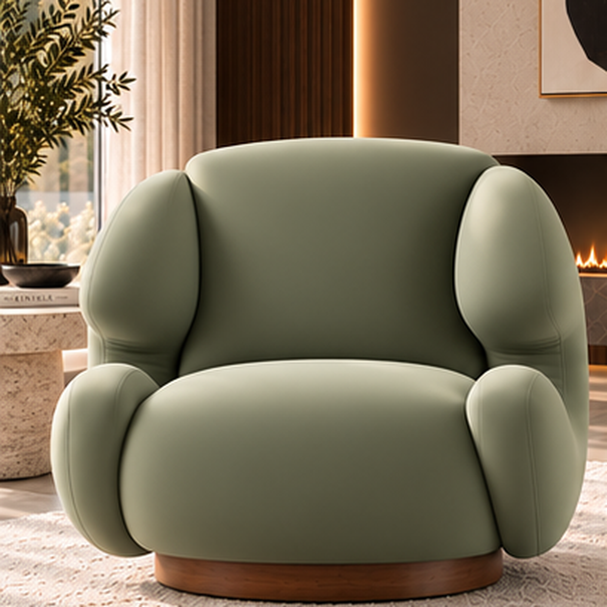 Aurelia Cocoon Lounge Chair front view in smooth sage boucle with solid wood base - Z Galleria
