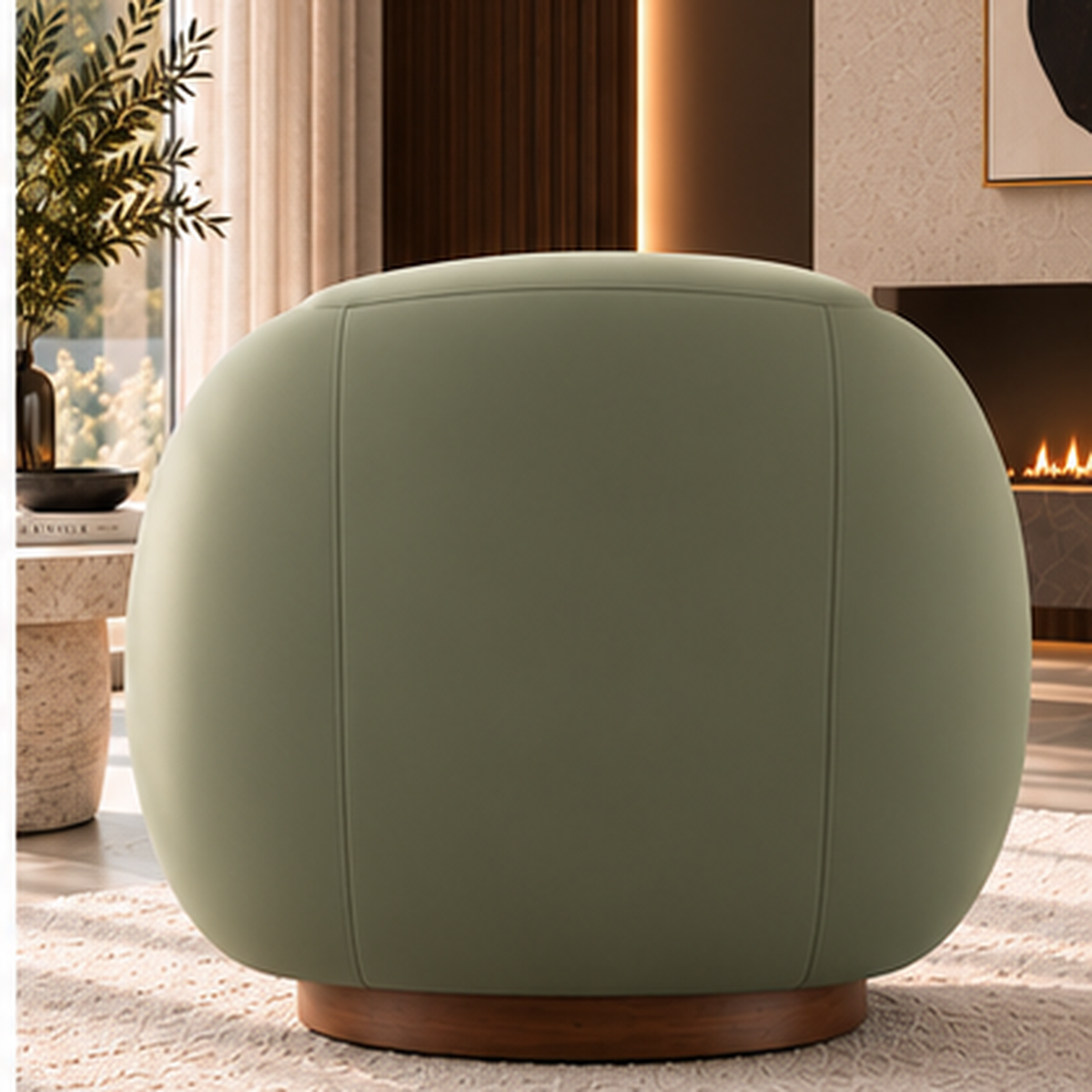Rear view of Aurelia Cocoon Lounge Chair with smooth sage upholstery and solid wood base