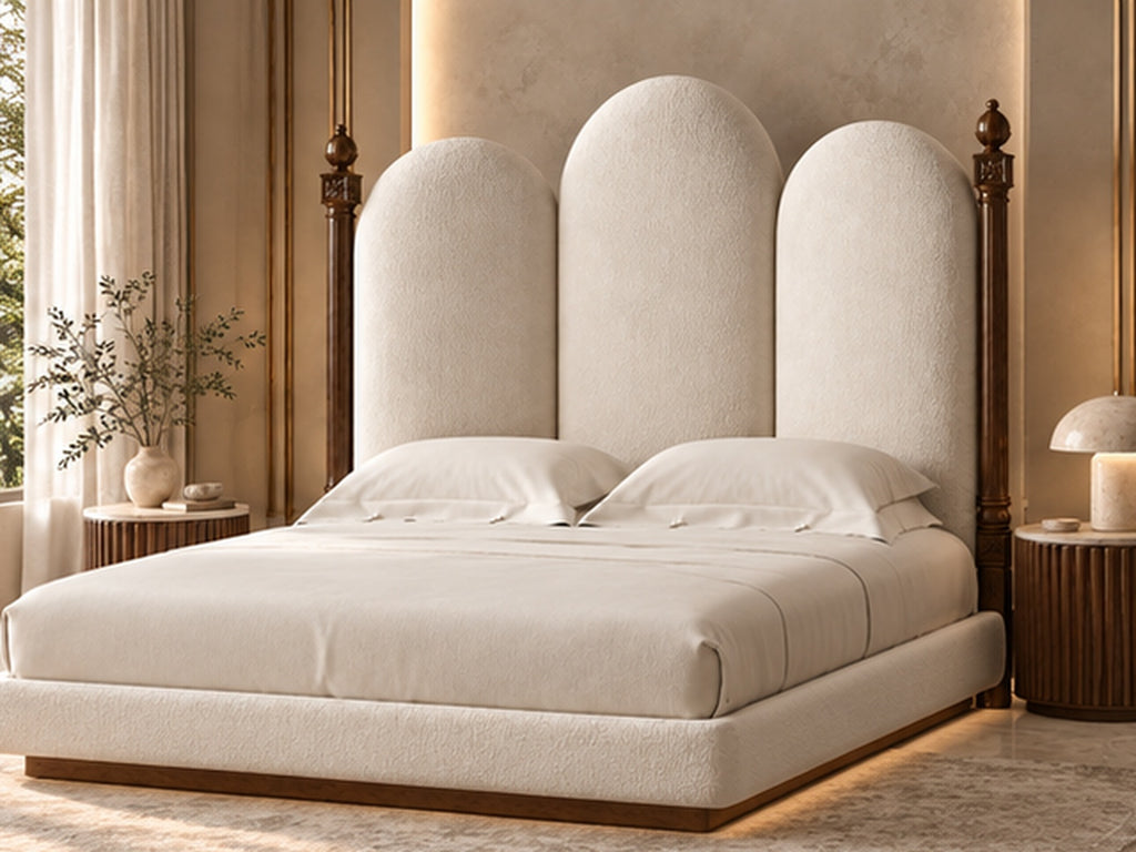 Aurelia Arch Bouclé Bed dark wood three-quarter view – solid wood structure and bouclé upholstery by Z Galleria Lahore