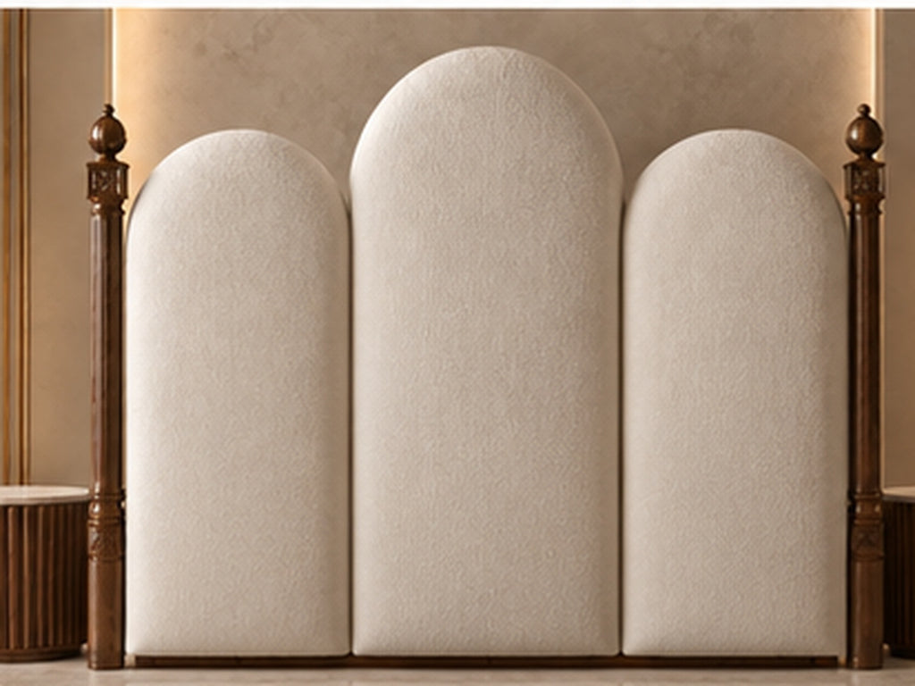 Aurelia Arch Bouclé Bed rear headboard view with dark wood posts – premium bouclé bed Z Galleria