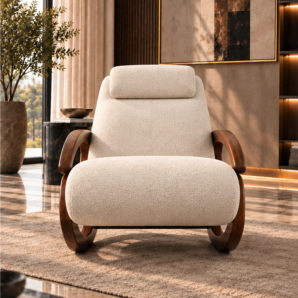 Aurelia Rocking Lounge Chair full front view in warm luxury interior