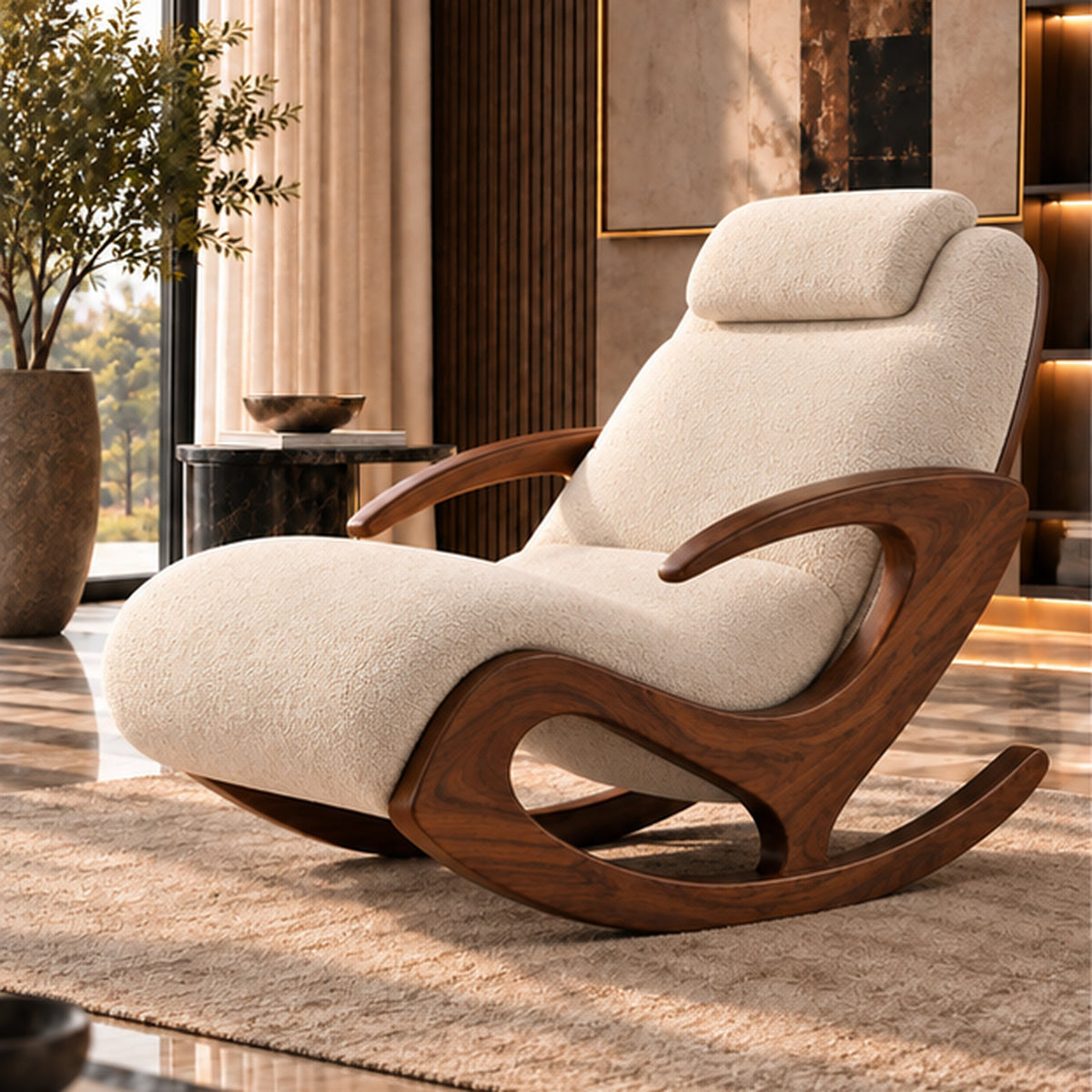 Aurelia Rocking Lounge Chair full three-quarter view in warm luxury interior