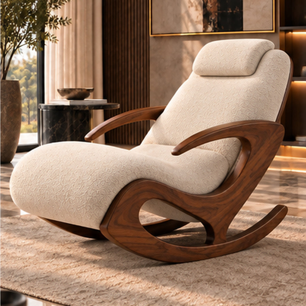 Aurelia Rocking Lounge Chair full opposite three-quarter view in warm luxury interior