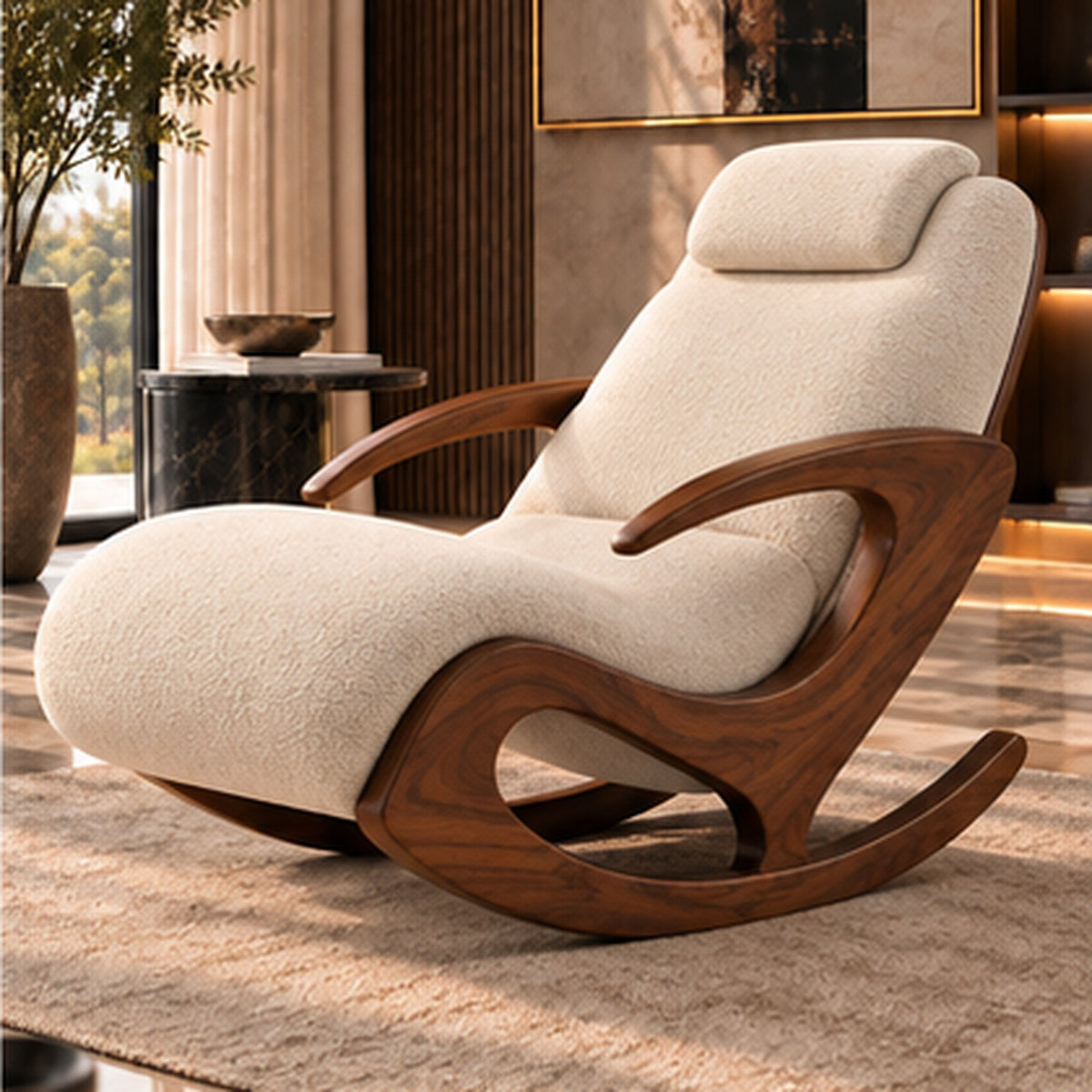 Aurelia Rocking Lounge Chair full opposite three-quarter view in warm luxury interior