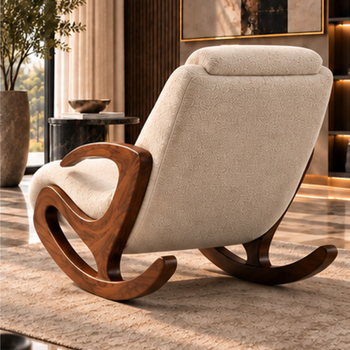 Aurelia Rocking Lounge Chair full rear three-quarter view in warm luxury interior