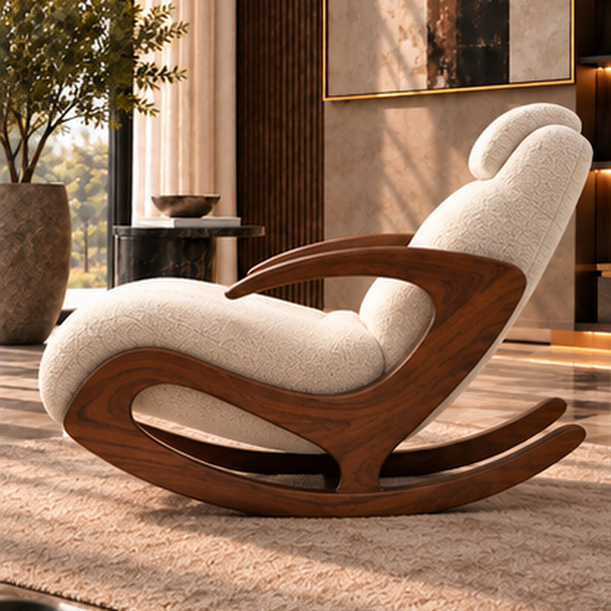 Aurelia Rocking Lounge Chair side profile with plain cream bouclé upholstery and sheesham wood rocker frame