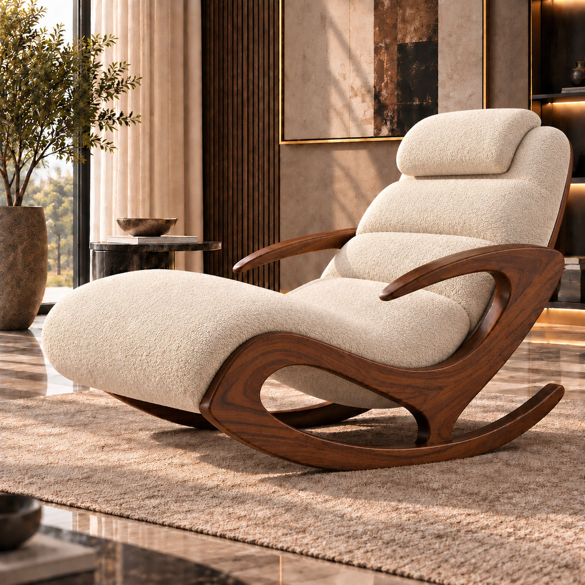 Aurelia Rocking Lounge Chair full alternate view with cream bouclé upholstery and sheesham wood frame