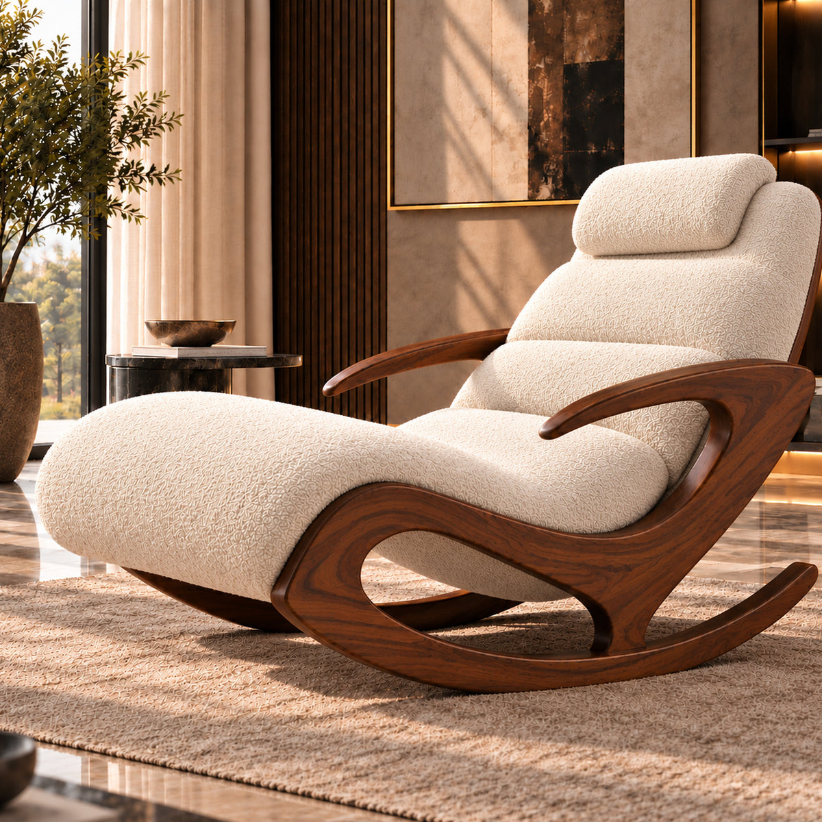 Aurelia Rocking Lounge Chair full hero view with cream bouclé upholstery and sheesham wood frame