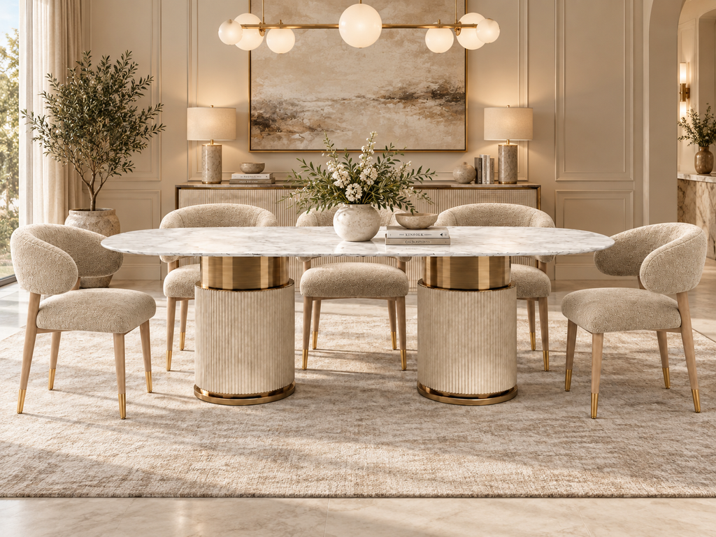 Z Galleria luxury marble dining set with ivory boucle chairs in a warm contemporary dining room