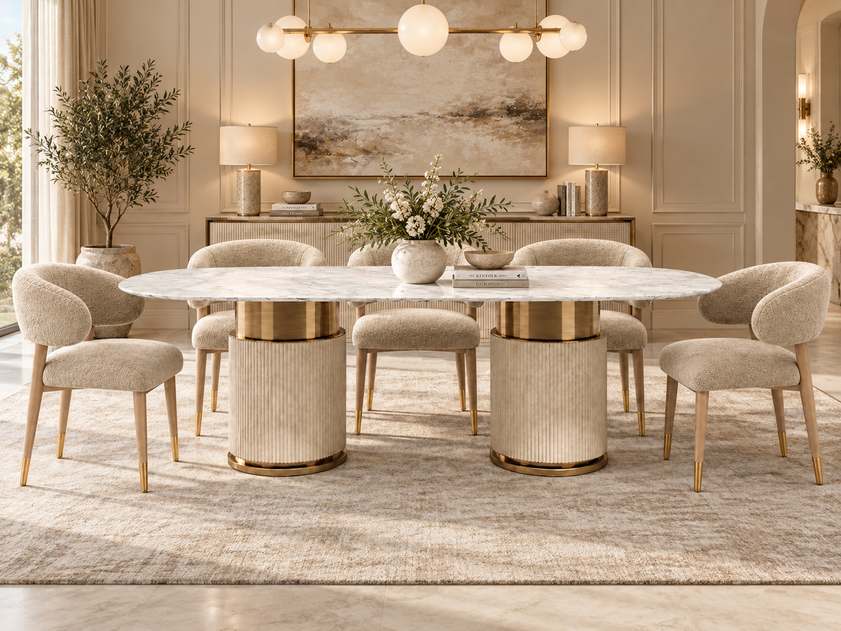 Z Galleria luxury marble dining set with ivory boucle chairs in a warm contemporary dining room