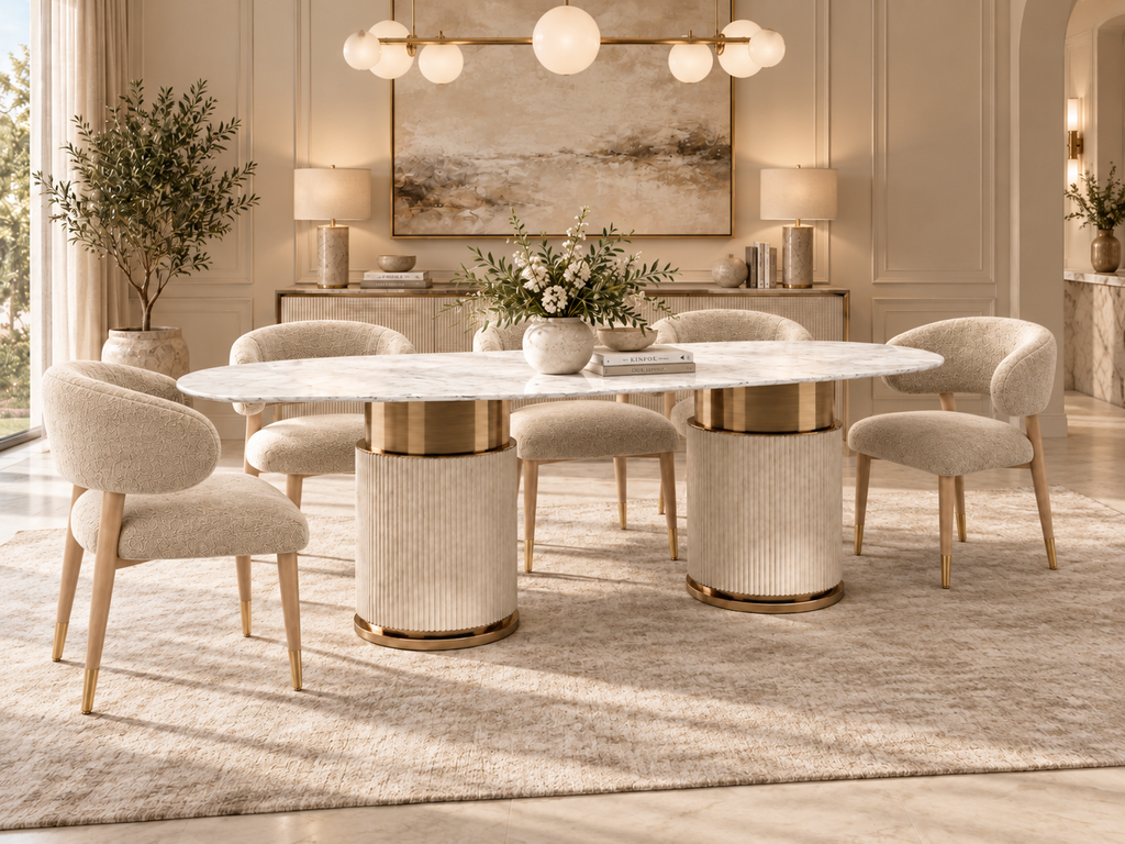 Aurelia marble dining set alternate angle with ivory boucle dining chairs