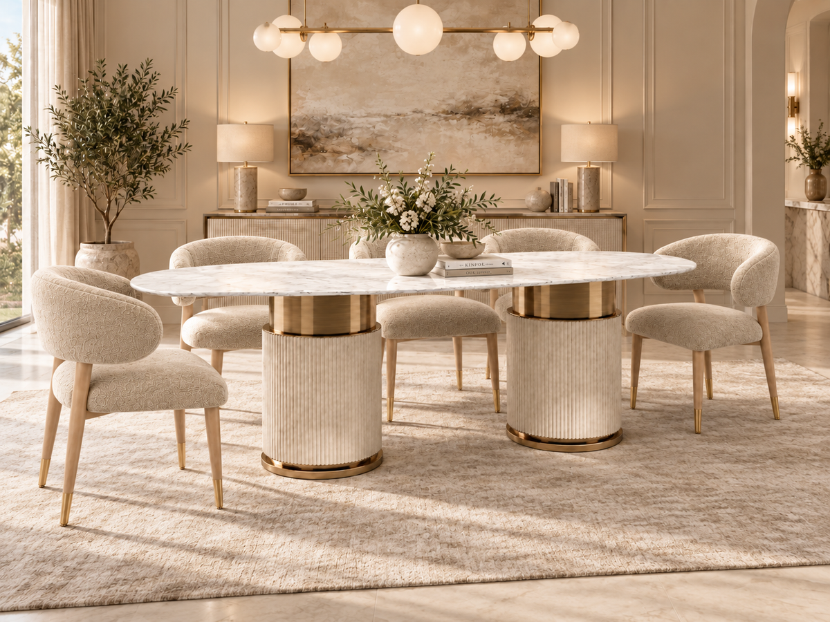 Aurelia marble dining set alternate angle with ivory boucle dining chairs