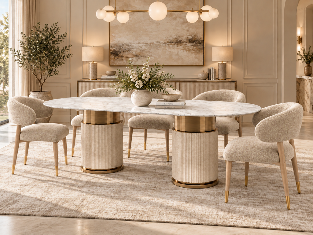 Aurelia luxury marble dining table set in warm neutral interior, three-quarter view