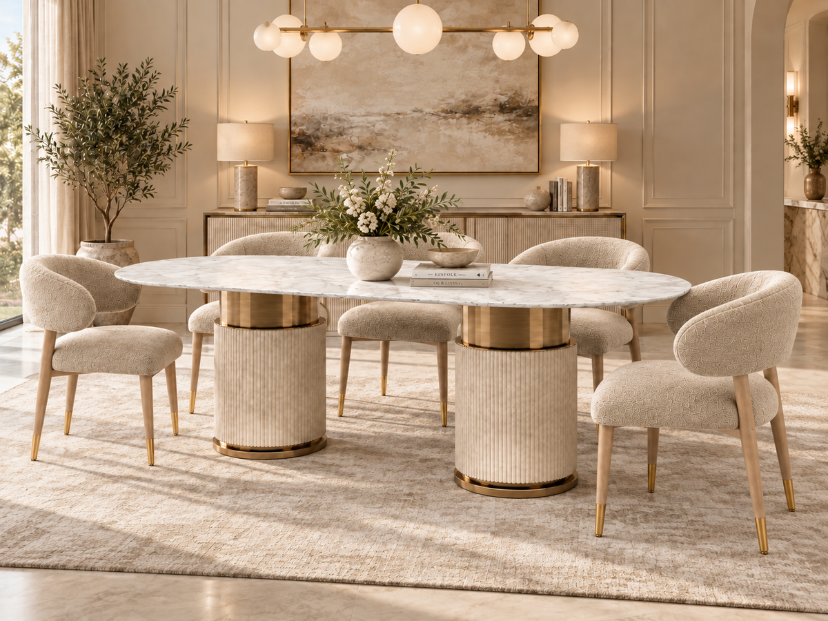 Aurelia luxury marble dining table set in warm neutral interior, three-quarter view
