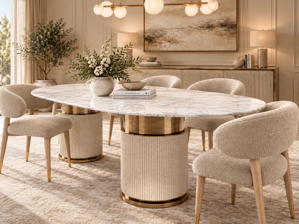 Aurelia marble dining set with brass accents and ivory boucle chairs, detailed angle