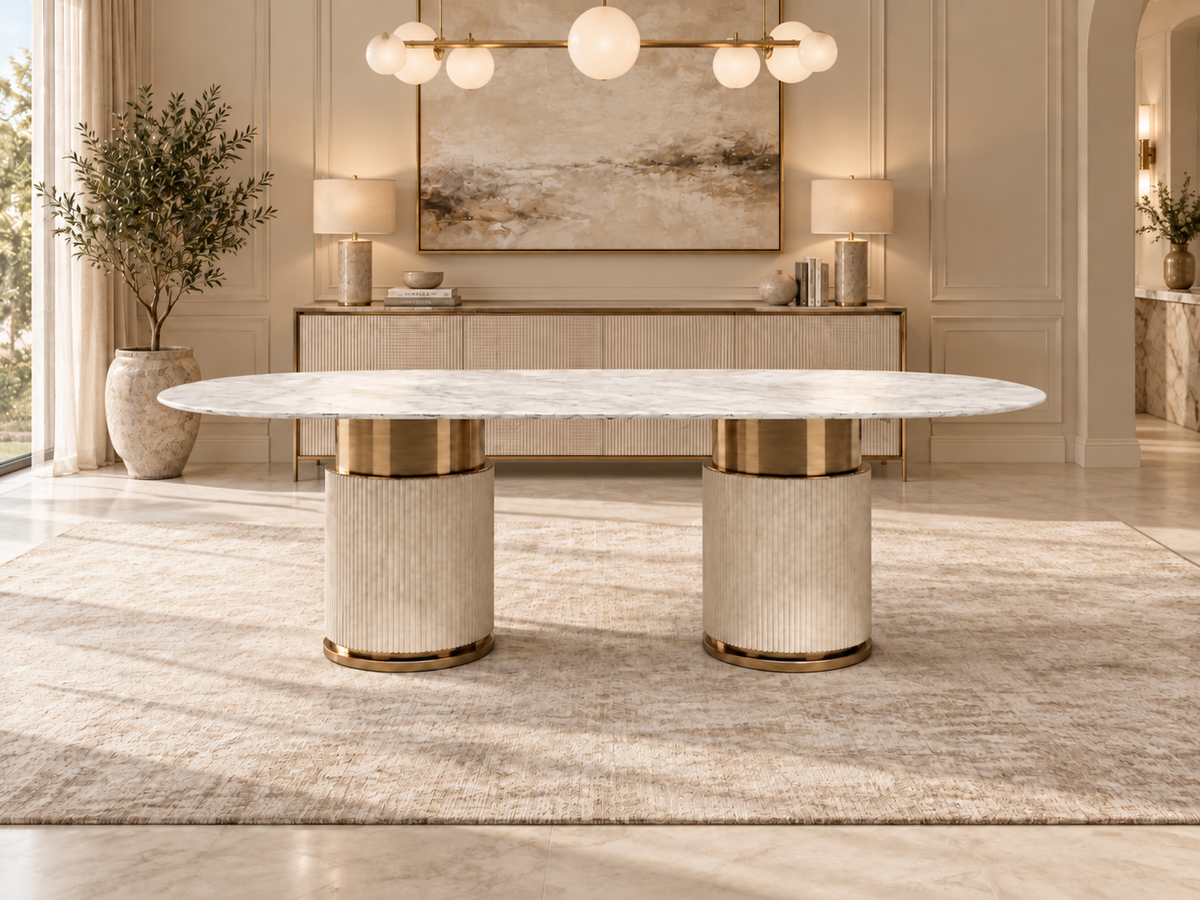 Aurelia marble dining table only with dual fluted pedestal base and brass detailing