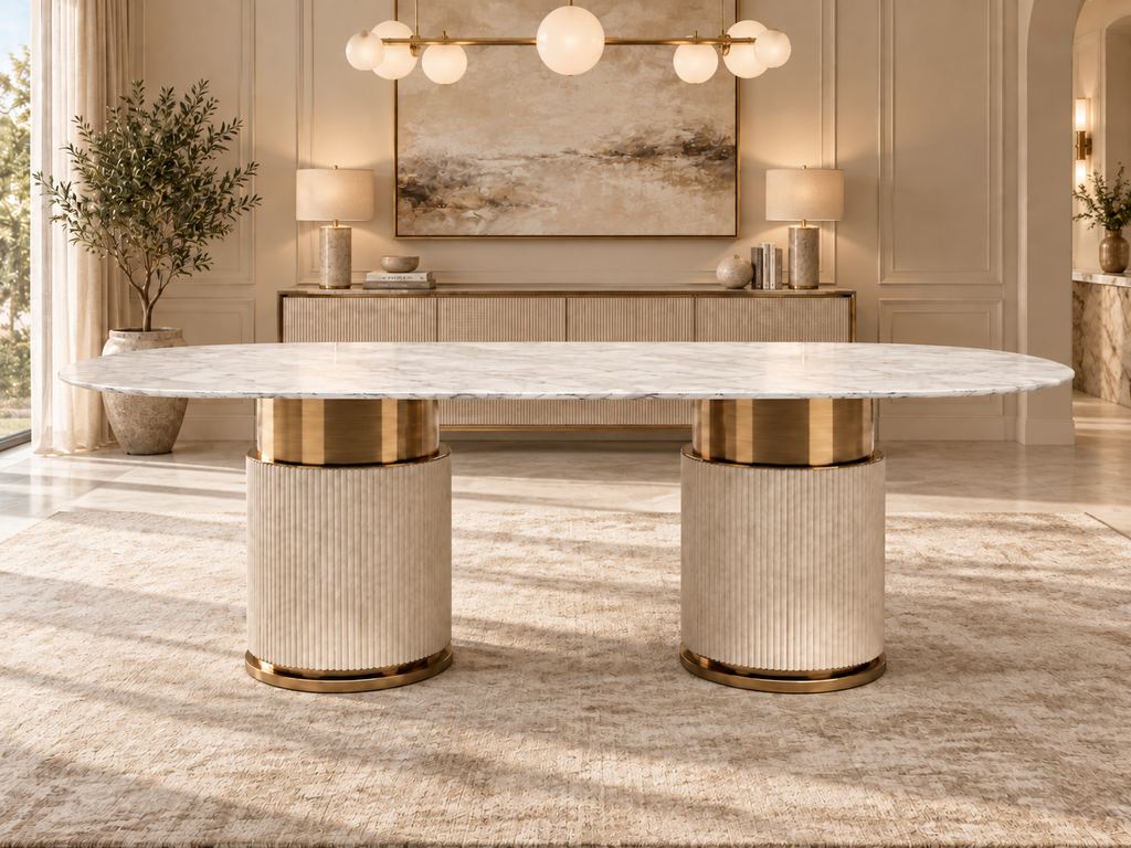 Aurelia marble dining table only, angled view with fluted dual pedestal base and gold accents