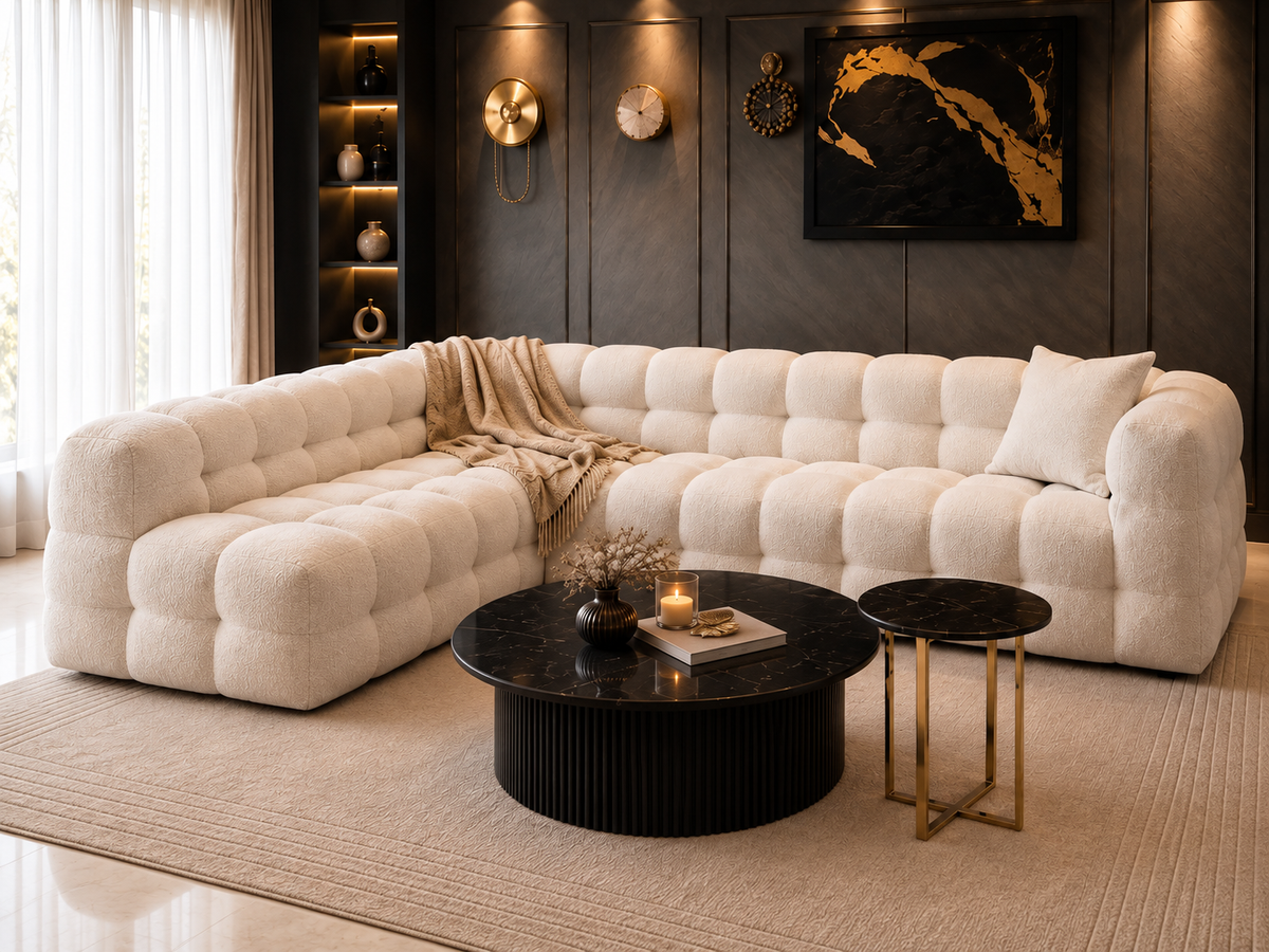 Aurelle Cloud seven-seater L-shape sofa in ivory bouclé by Z Galleria Lahore