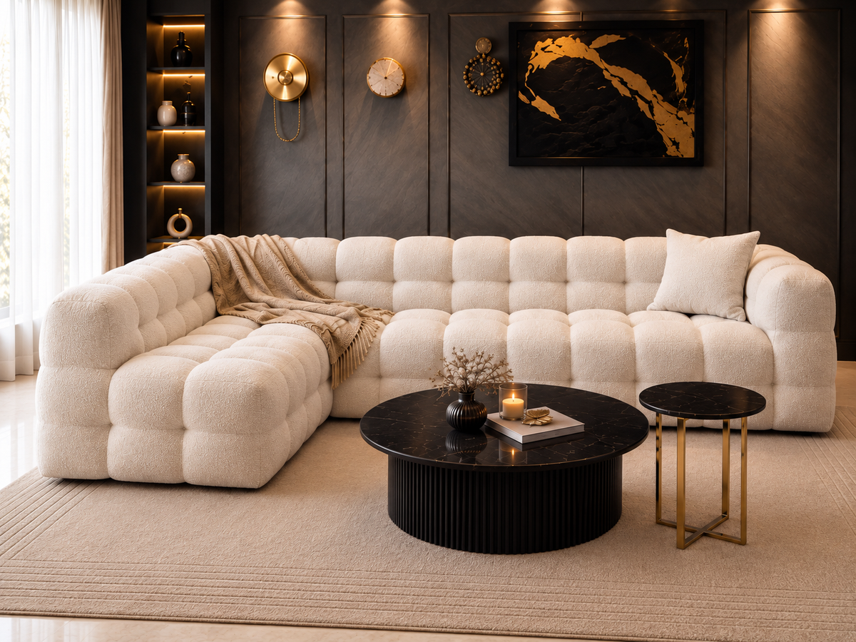 Front view of Aurelle Cloud seven-seater L-shape bouclé sofa for luxury Lahore interiors