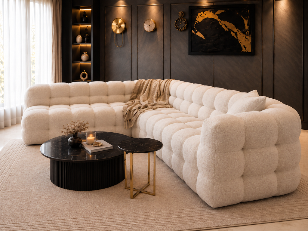 Aurelle Cloud L-shape sofa alternate angle with sculptural tufted bouclé upholstery