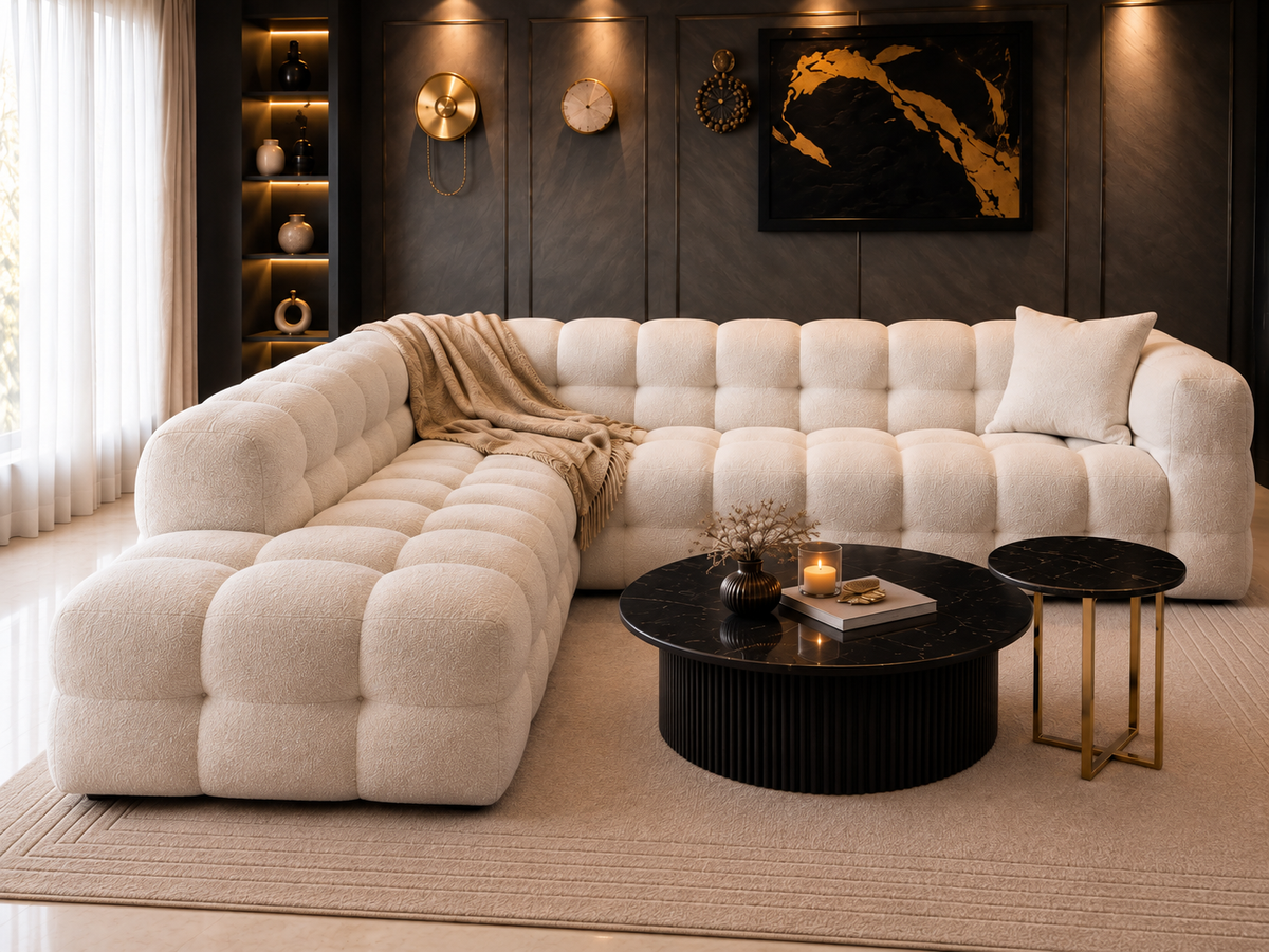 Side perspective of Aurelle Cloud L-shape sofa with solid wood structure and bouclé upholstery