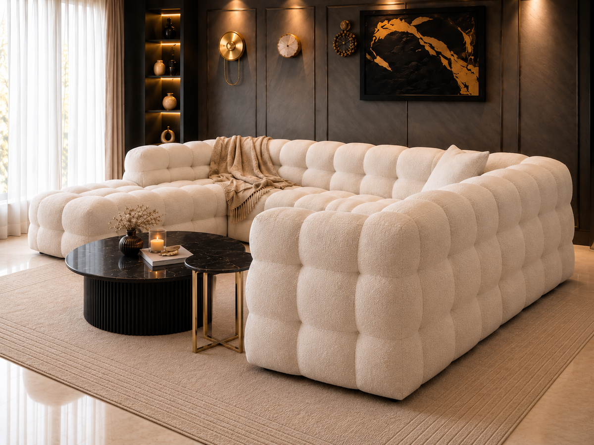 Close-up of Aurelle Cloud sofa bouclé upholstery and deep tufted cushioning