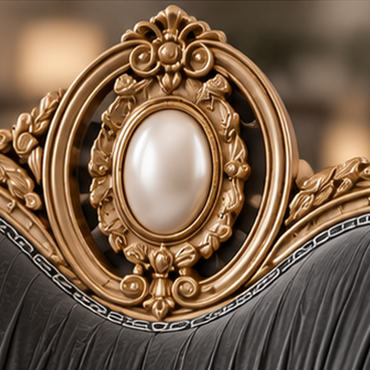 Close-up of Auremont Crest velvet upholstery and carved gold-finished solid wood crest detail