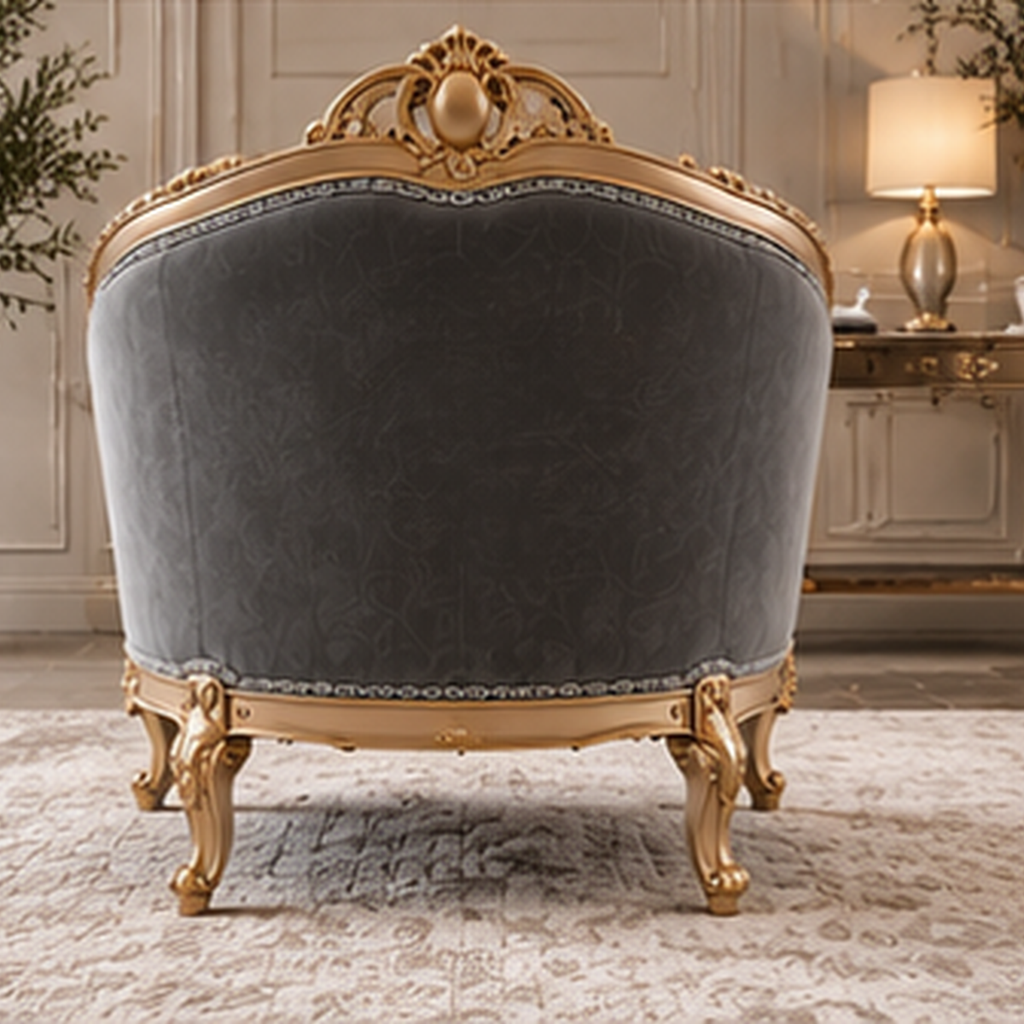 Rear view of Auremont Crest one-seater sofa chair showing upholstered back and ornate solid wood frame