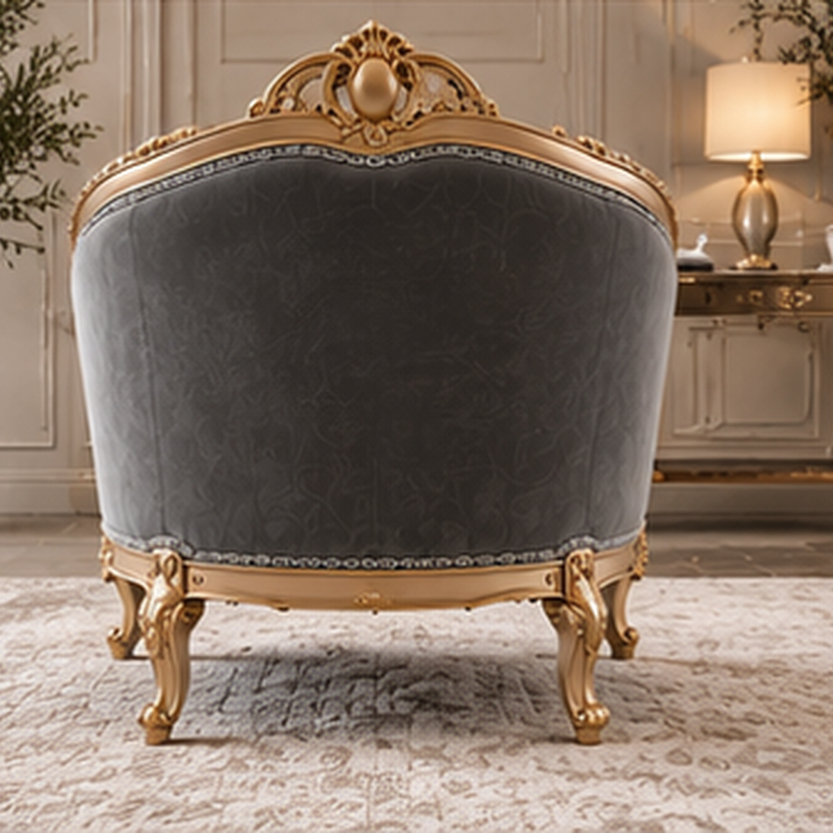 Rear view of Auremont Crest one-seater sofa chair showing upholstered back and ornate solid wood frame