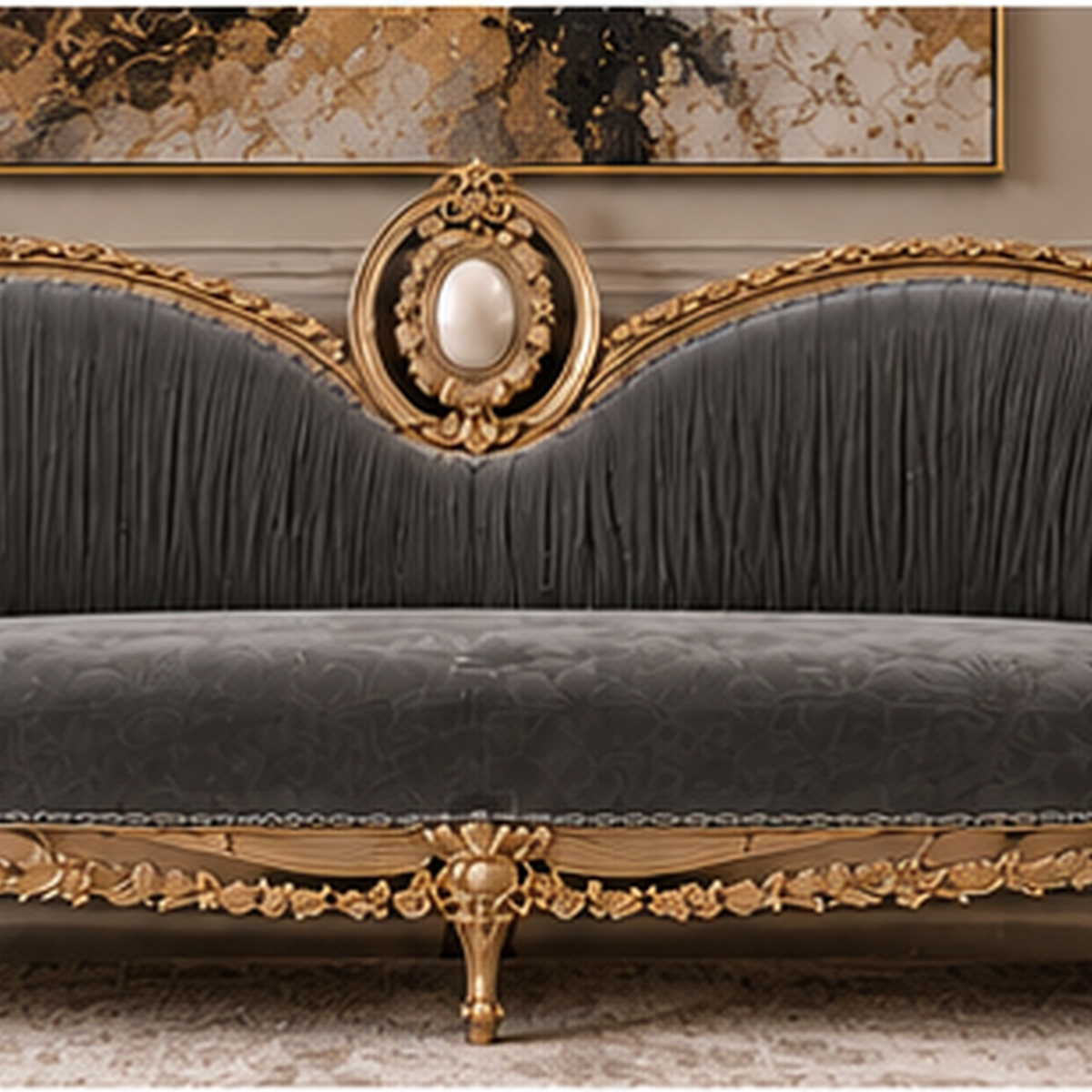 Front view of Auremont Crest four-seater sofa in charcoal velvet with carved gold-finished solid wood frame