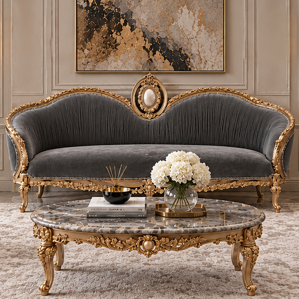 Auremont Crest Sofa Set with charcoal velvet upholstery, carved solid wood frame and matching centre table - Z Galleria