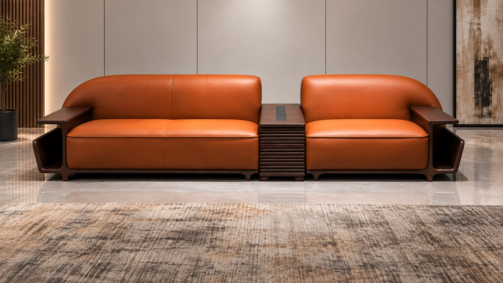 Aureon 4.5 seater luxury cognac sofa with solid wood frame and integrated power and USB charging console by Z Galleria Lahore