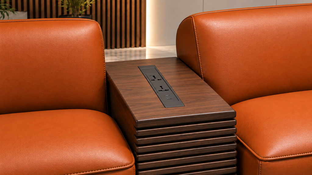 Close-up of Aureon sofa integrated power and USB charging console set into dark walnut center table by Z Galleria Lahore
