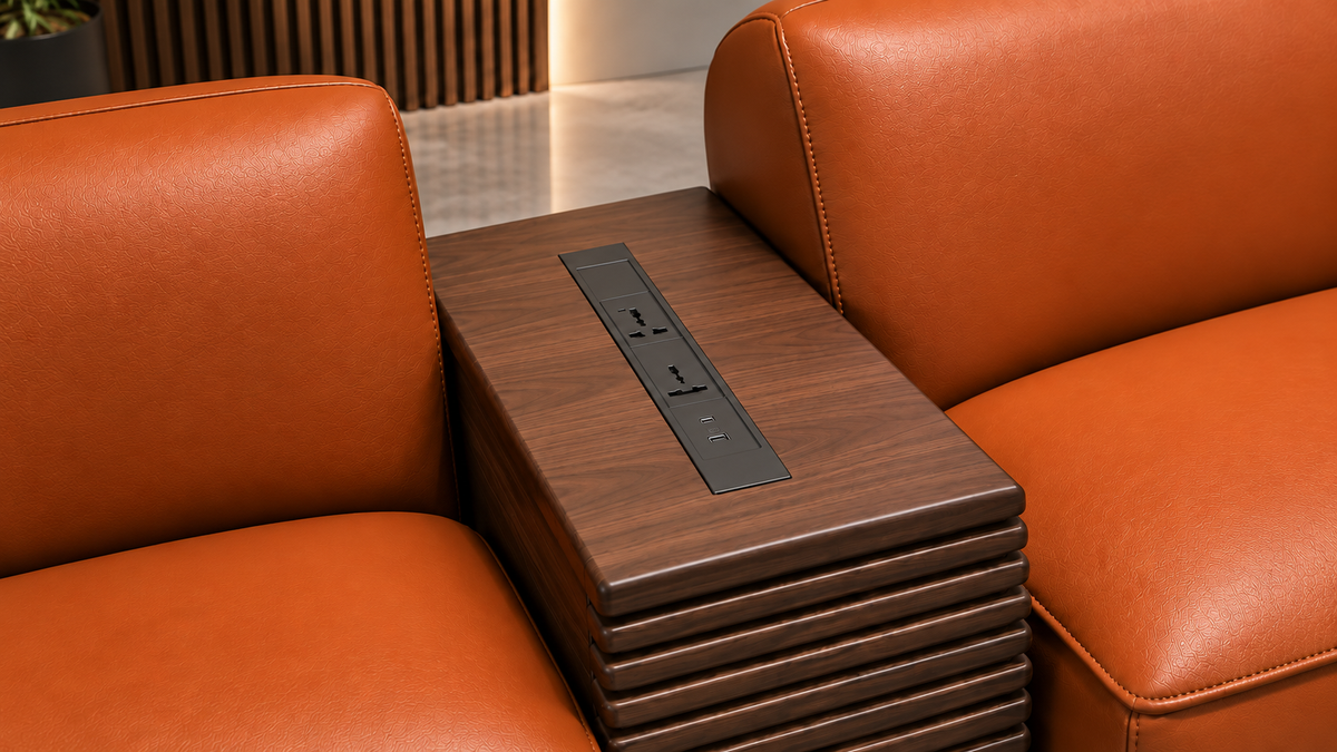 Zoom view of Aureon sofa built-in power sockets and USB charging hub integrated into solid wood center console by Z Galleria