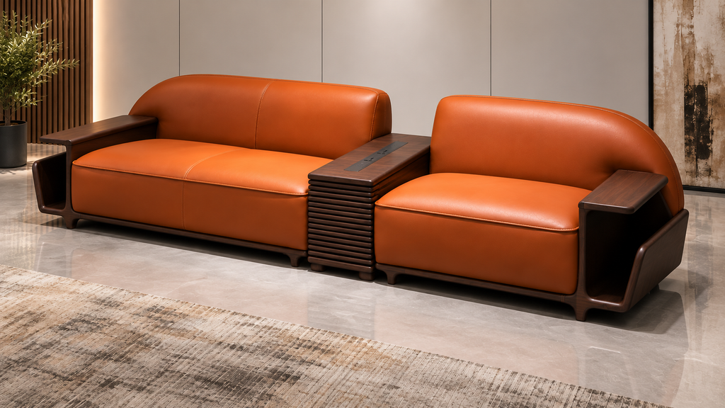 Aureon 4.5 seater premium cognac sofa right angle with walnut console and integrated power hub for luxury Lahore interiors