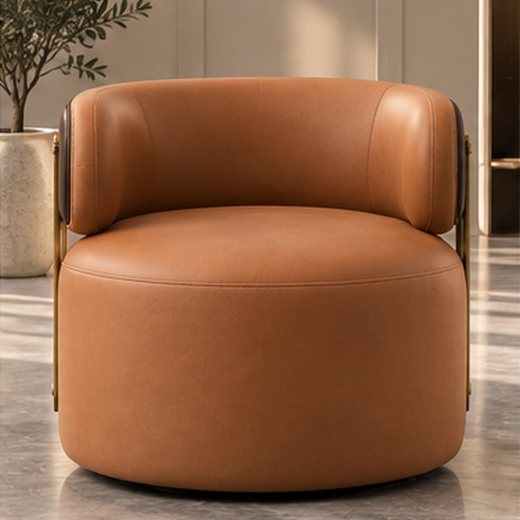 Front three-quarter view of Aureon Strap Lounge Chair in cognac leatherette upholstery