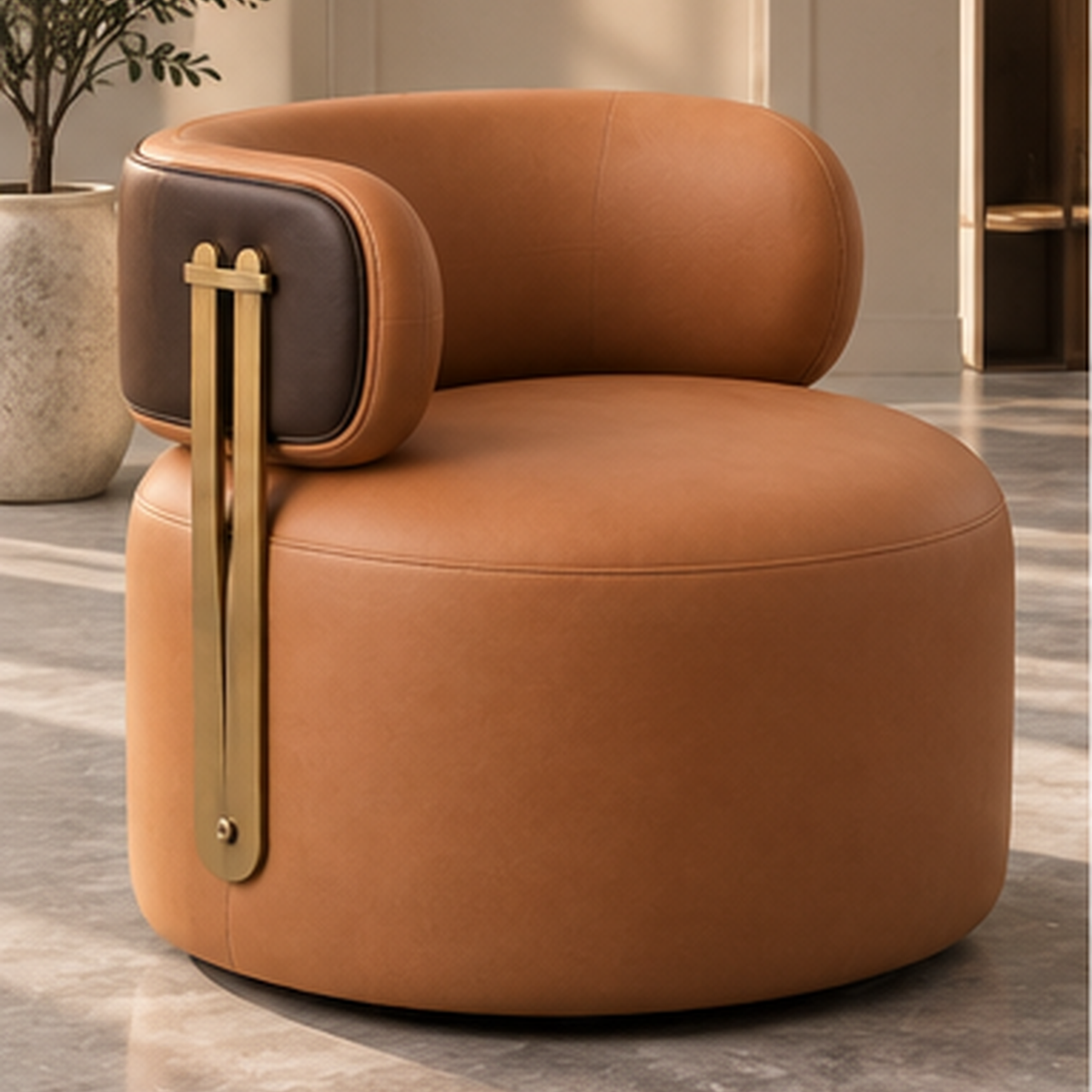 Aureon Strap Lounge Chair in cognac leatherette with solid wood structure and MS strap - Z Galleria