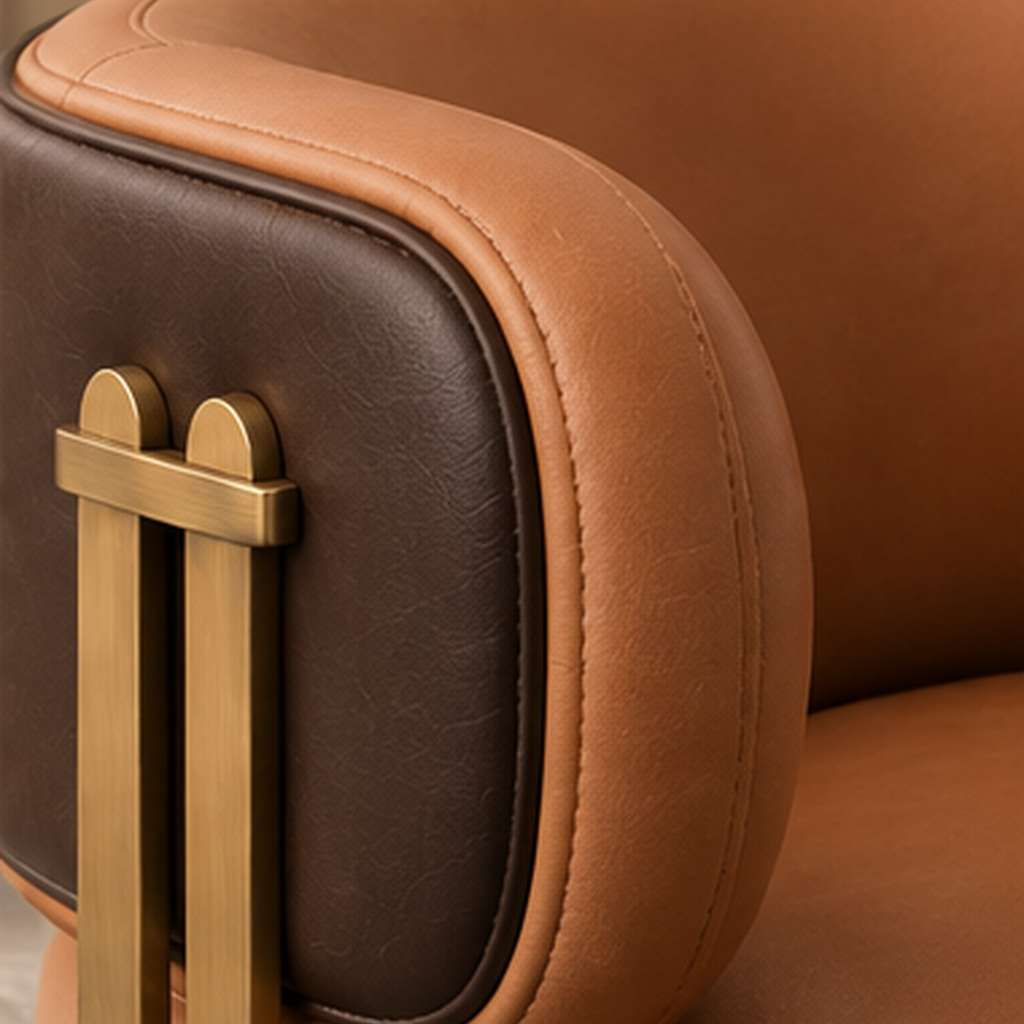 Close-up of cognac leatherette, leatherette backrest and MS strap detail on Aureon Strap Lounge Chair