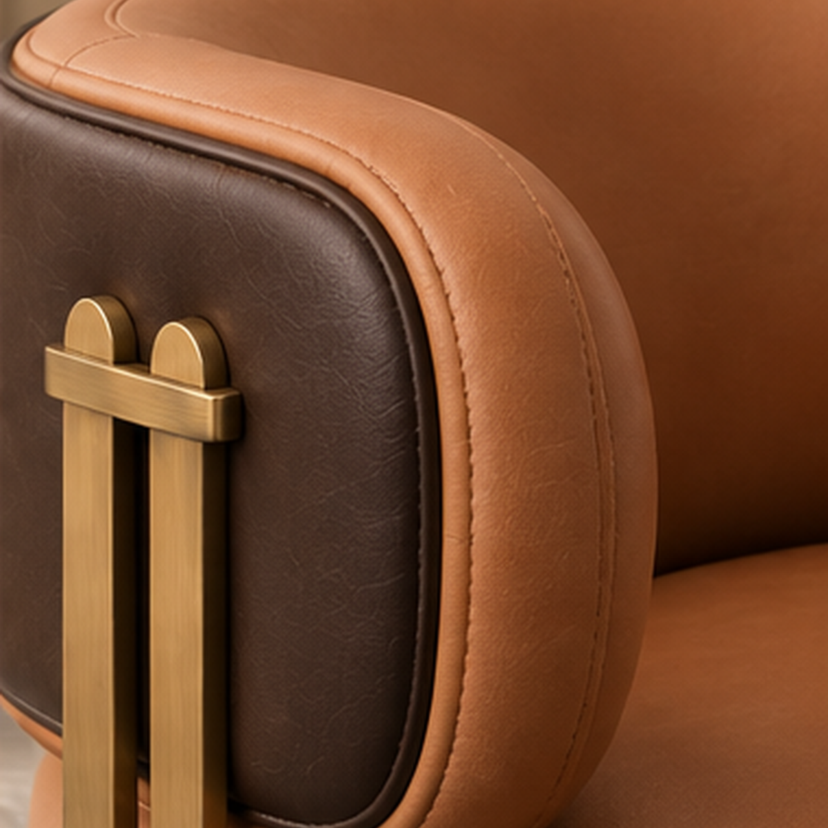 Close-up of cognac leatherette, leatherette backrest and MS strap detail on Aureon Strap Lounge Chair