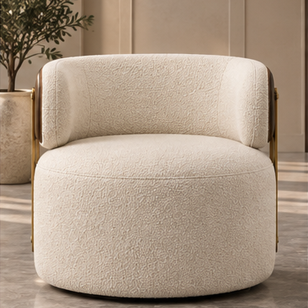 Front three-quarter view of Aureon Strap Lounge Chair in ivory boucle upholstery