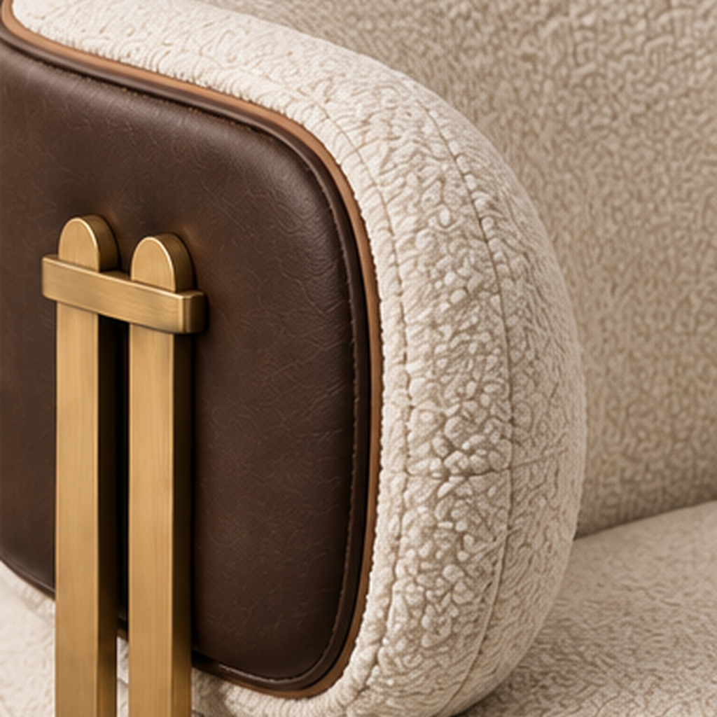 Close-up of ivory boucle, leatherette backrest and MS strap detail on Aureon Strap Lounge Chair