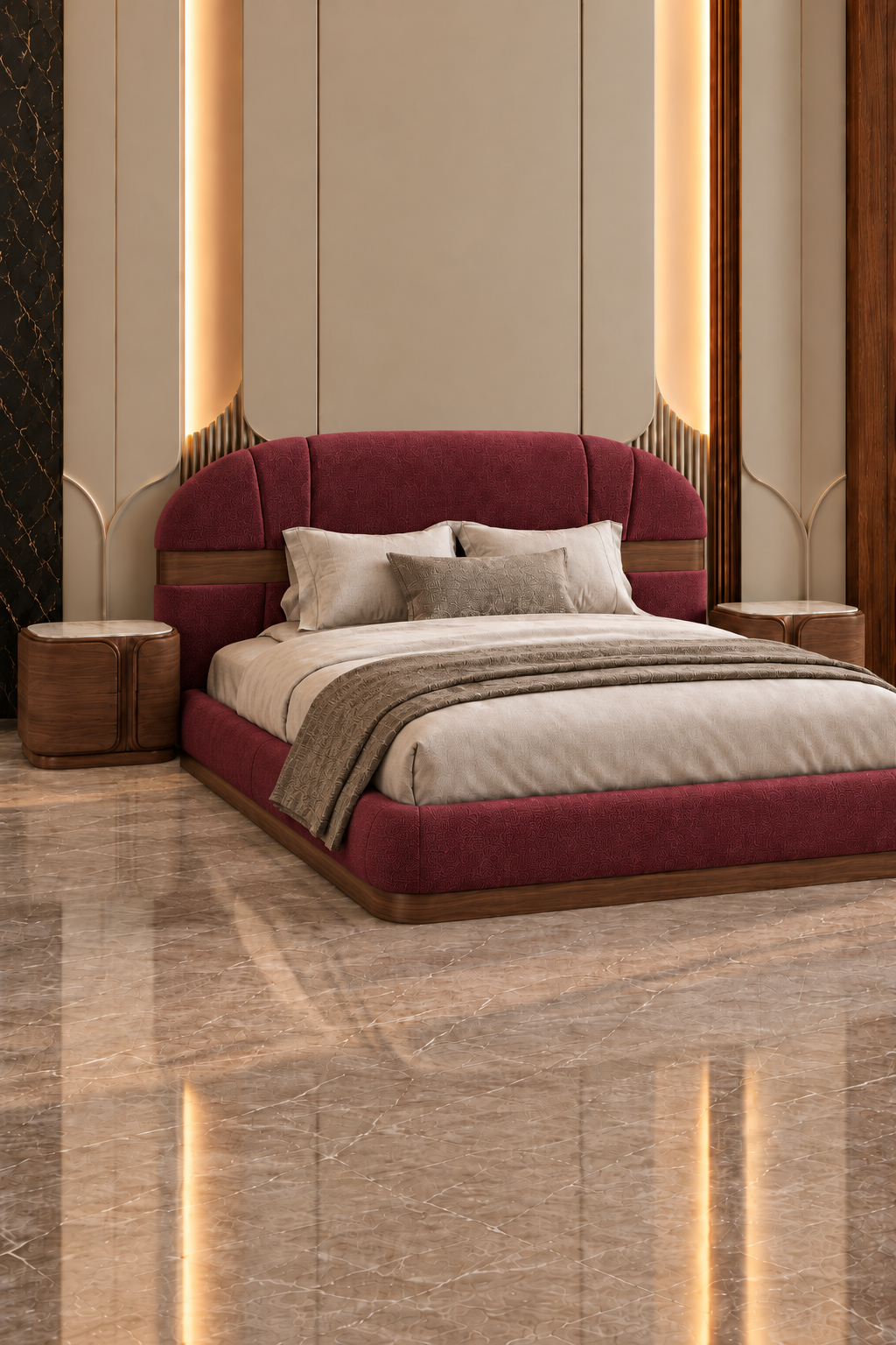 Angled view of Aurevia Crest Bed Set showing burgundy boucle upholstery and solid wood base detailing