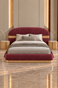 Aurevia Crest Bed Set front view in burgundy boucle with warm solid wood detailing and matching side tables - Z Galleria