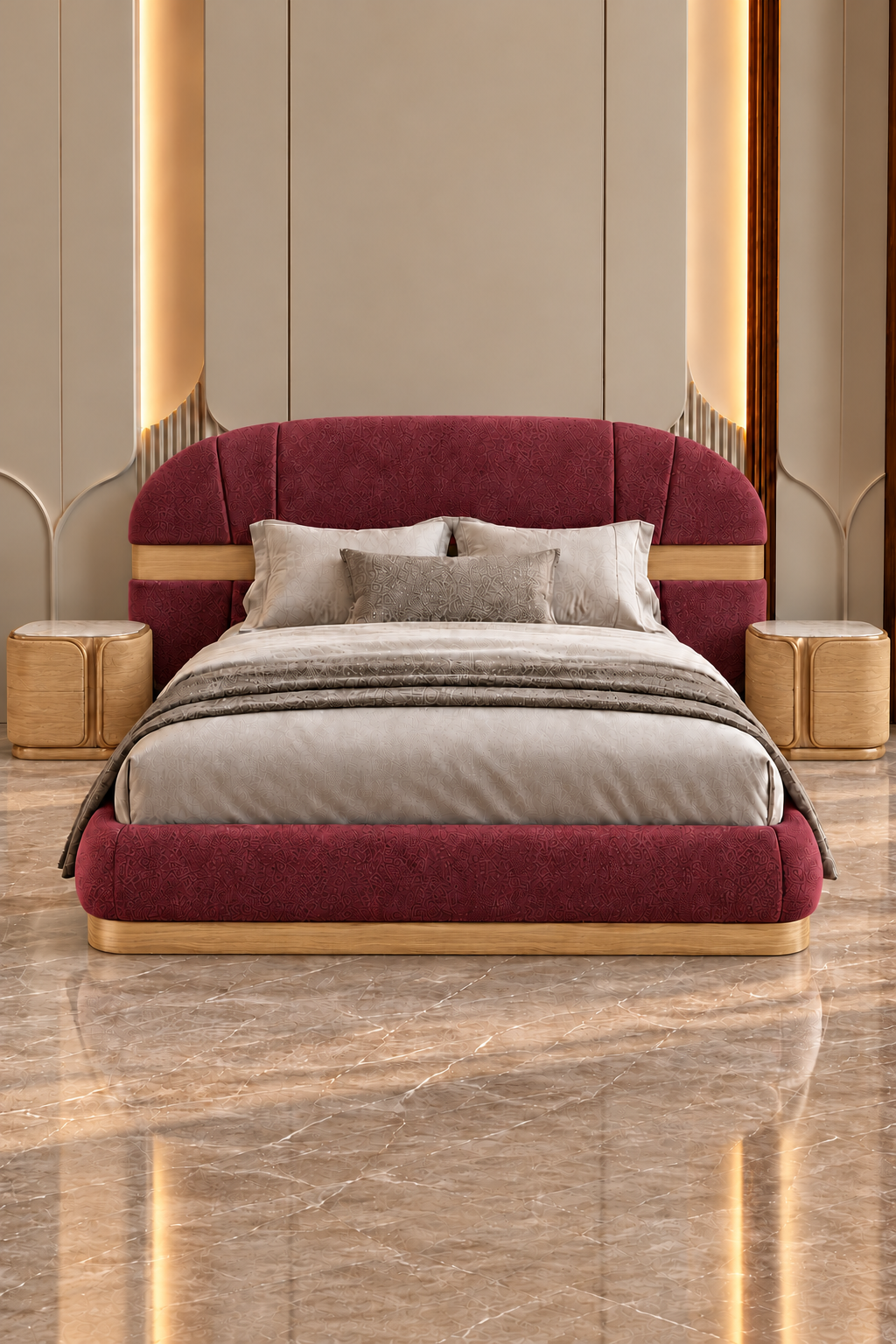 Aurevia Crest Bed Set front view in burgundy boucle with warm solid wood detailing and matching side tables - Z Galleria