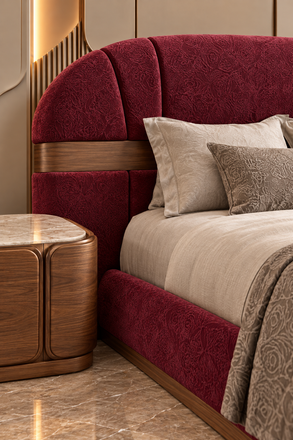 Close-up of Aurevia Crest Bed Set burgundy boucle upholstery, solid wood headboard band and bedside table material detailing